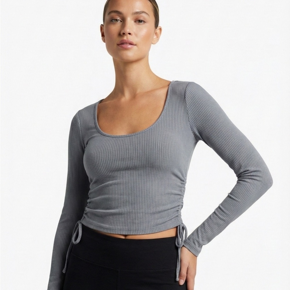 Forever 21 Gray Ribbed Long Sleeve Cinched Side Crop Top - Size S